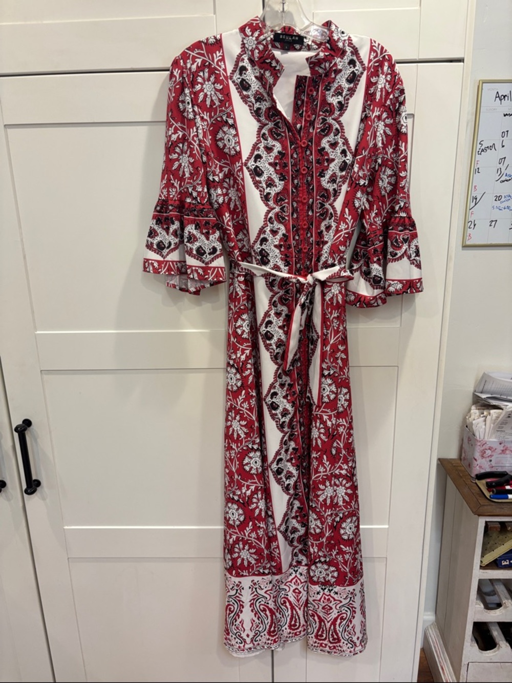 Beulah Red & White Paisley Midi Dress with Tie Belt